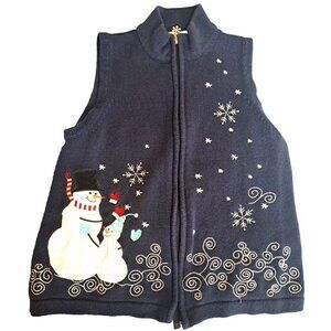 Christopher & Banks Women's L Blue Full Zip Vest Snowmen Snowflakes Winter FLAW